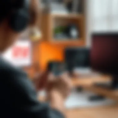 User utilizing iPhone as a webcam in a home office setup