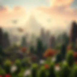 A breathtaking view of a Minecraft landscape featuring dinosaurs