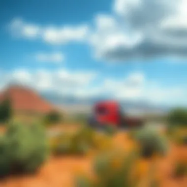 A vibrant landscape showcasing a truck navigating through diverse terrains